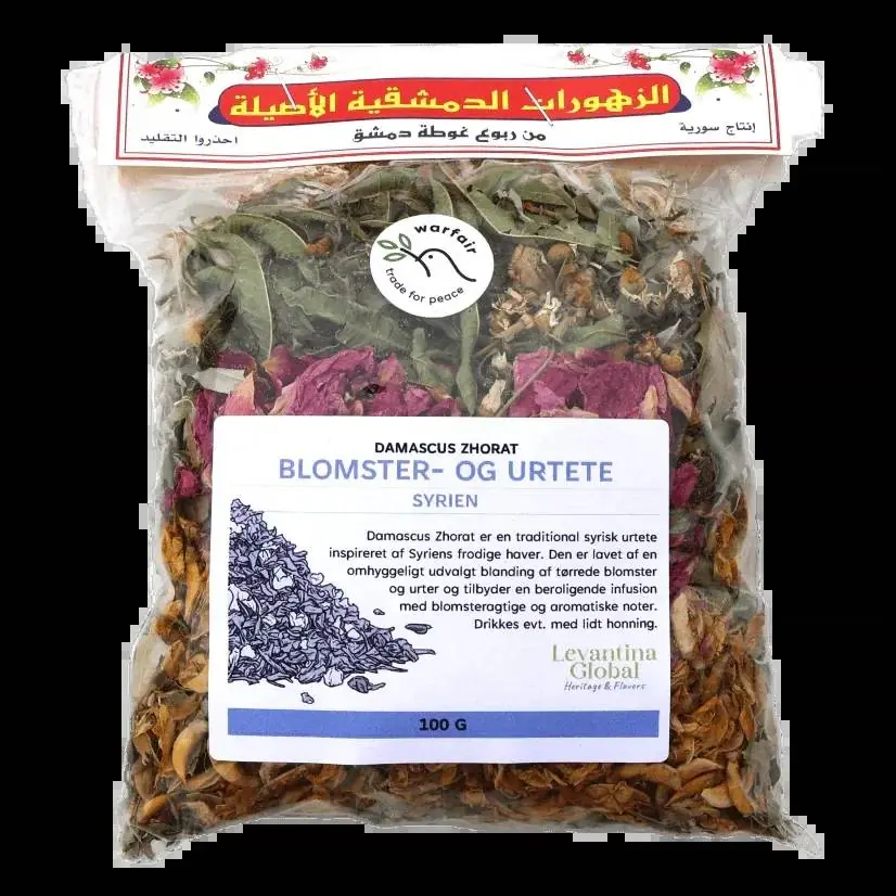 Bag of Damascus Zhourat herbal tea with a Warfair Trade for Peace sticker and a Danish label