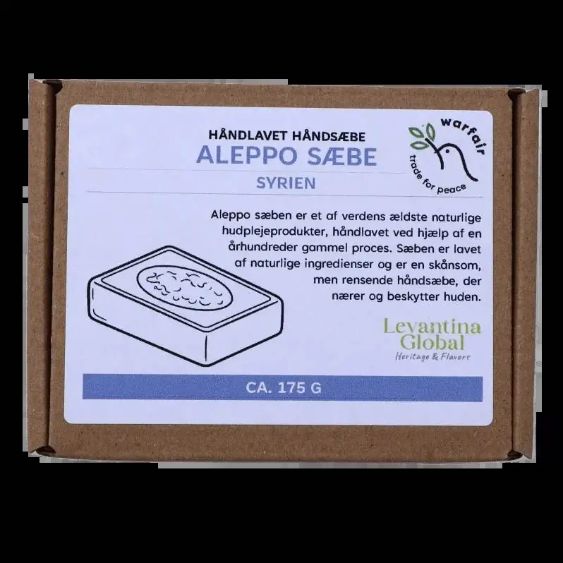 Box of handmade Aleppo soap with the Warfair Trade for Peace logo and a Danish label