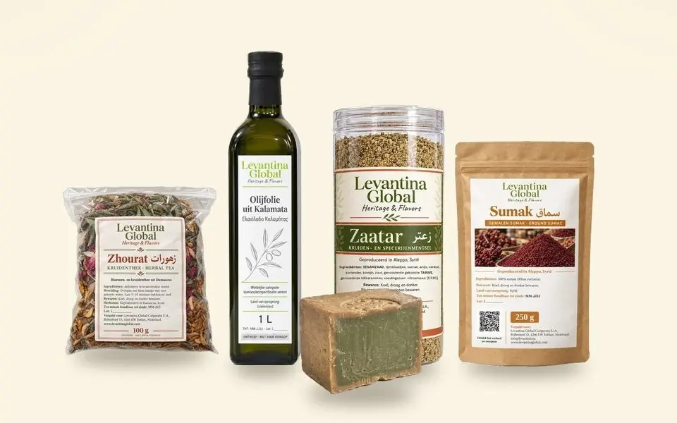 Levantina products together: herbal tea, olive oil, Zaatar, sumac and Aleppo soap